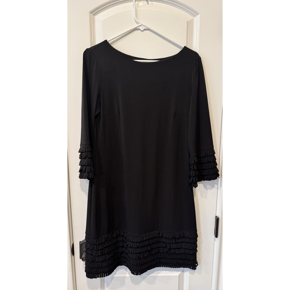 Donna Morgan Black Shift Dress Women's Size 8 Ruffle Trim Sleeves & Hem Elegant